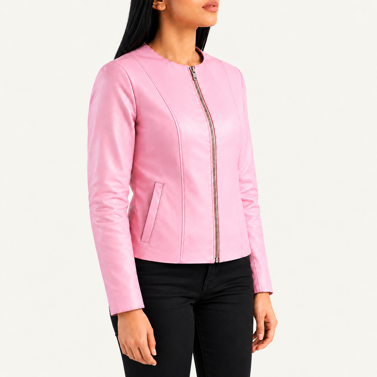 Women's Pastel Pink Leather Jacket – Classic Collarless Zip-Up Jacket Gallery